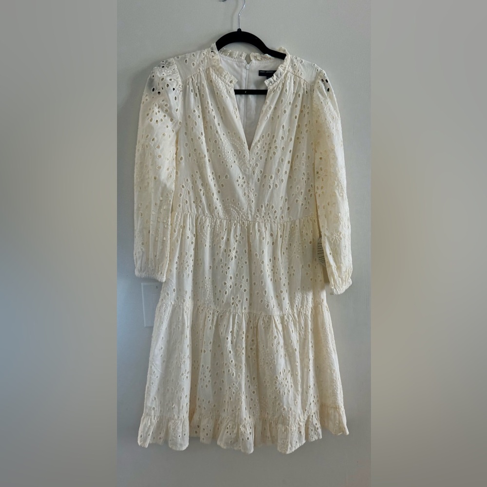 NWT Maggy London Cream Yellow Eyelet 3/4 Sleeve Dress Size 4